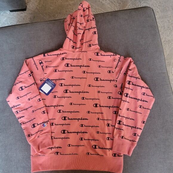 Champion Girl's Citrus Pink AOP Script Athleticwear Hoodie Sweatshirt Size Large - Picture 8 of 11